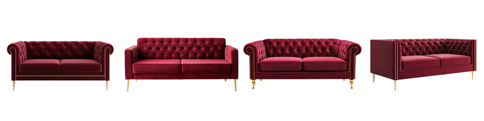 Naklejka premium Elegant and Sophisticated Living Room Interior Featuring Luxurious Burgundy Tufted Velvet Sofas and Plush Upholstery Showcasing Timeless Design and Opulent Home Decor