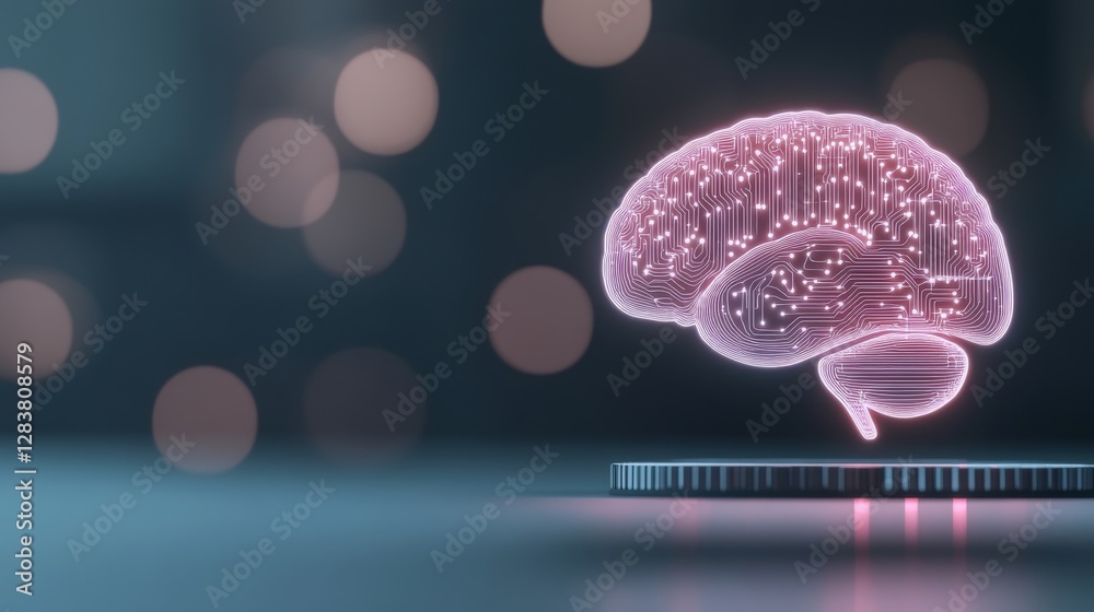 Poster Futuristic Brain Illustration with Circuit Patterns and Bokeh Background for Automation and Technology Concepts