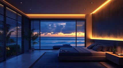 A modern beachfront bedroom with sleek furnishings, shutters wide open to reveal crashing waves under a stormy sky, dark gray and soft blue bedding, dim ambient lighting,