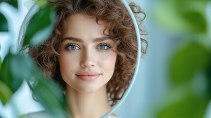 Fototapeta premium A woman with brown hair and blue eyes is looking at the camera