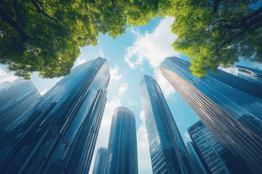 Skyscrapers under a blue sky framed by green trees Urban nature harmony