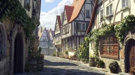 Fototapeta premium Medieval german street with half-timbered houses. Traditional european buildings in old town or village. Vector cartoon landscape with fachwerk cottages and grocery market