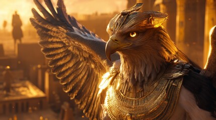 A Majestic and Hyper-Realistic Image of Horus, Wearing an Elaborate Golden Headdress, His Falcon Eyes Glowing with Divine Power, Soft Warm Lighting, Ancient Egyptian Backdrop