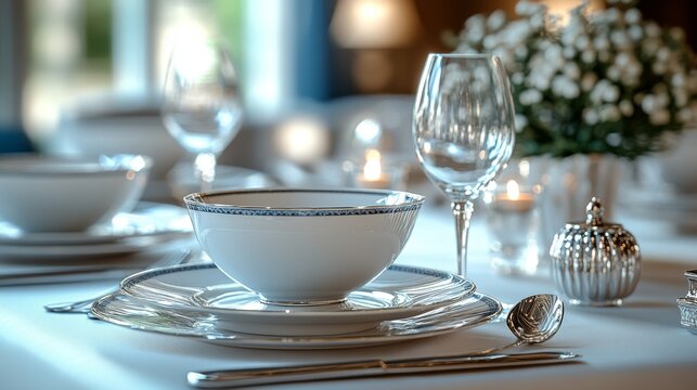 Elegant table setting with white porcelain bowl, plates, silverware, wine glass, and flowers.