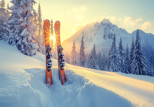 Skis on snowy mountain slope at sunrise, winter sport adventure, alpine ski resort, outdoor recreation, travel destination