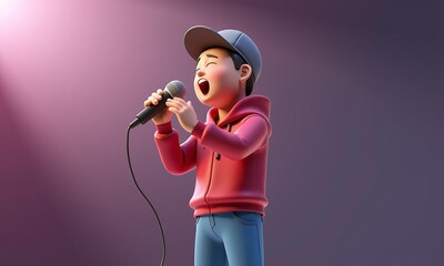 Young Singer in a Red Hoodie Performing on Stage with Microphone
