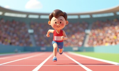 Cheerful Cartoon Child Runner Competing on Athletic Track