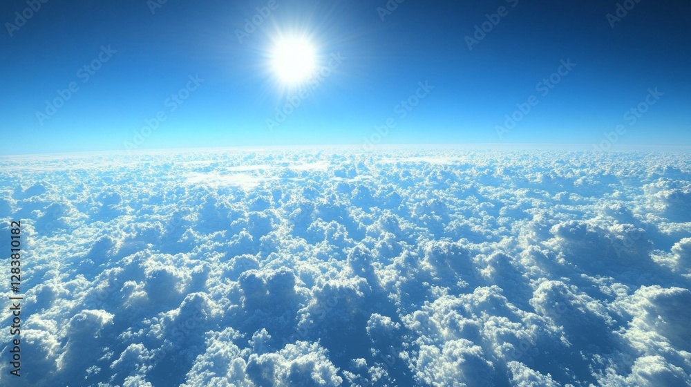 Poster gazing down from above, wisps of clouds stretch endlessly beneath a radiant sun, creating an etherea