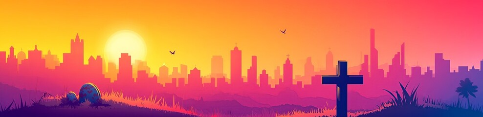Fototapeta premium Easter sunset vector illustration with spiritual awakening concept