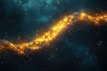 Obraz premium Golden DNA strand in space cosmic background glowing particles abstract art,