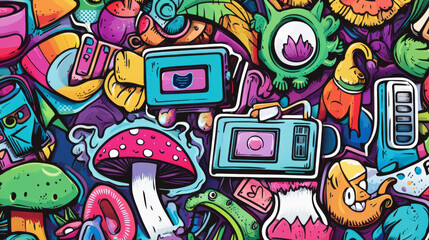 Obraz premium Psychedelic retro rave stickers with coffee man, pager and retro audio tape. Mushrooms, dinosaur, fare well Earth and cute odd creatures. Cartoon vector acid design badges set