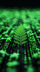 Digital representation of nature with green fern leaf symbolizing eco-friendly technology on circuit background.
