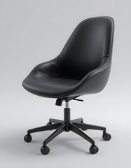 Fototapeta premium Elegant Black Leather Office Chair Modern Design Comfortable Swivel Rolling Caster Wheels Ergonomic Workspace Furniture