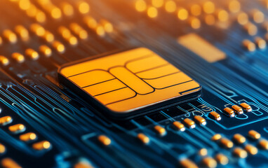Closeup of microchip on circuit board with glowing details, symbolizing modern technology.