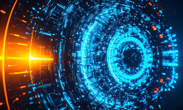 A futuristic energy reactor glowing with pulsating blue and orange light.