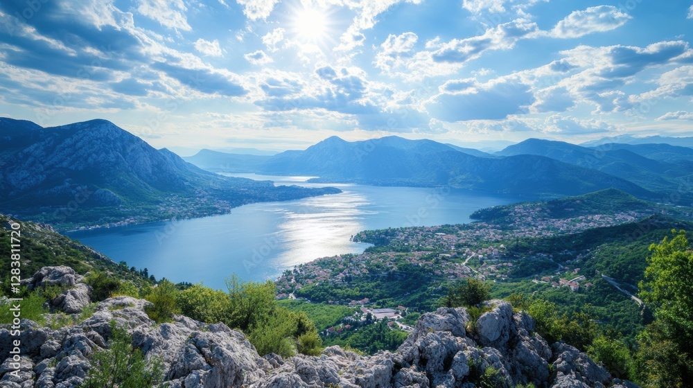 Aufkleber Stunning view of a serene lake surrounded by green mountains under a bright sky in the afternoon. Generative AI