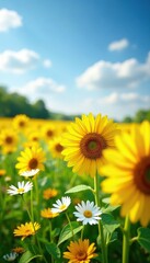 Fototapeta premium A colorful carpet of white and yellow flowers covers the green meadow, meadow flowers, sunflower field