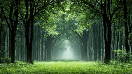 Fototapeta premium Tranquil Forest Path Surrounded by Lush Green Trees and Misty Atmosphere Ideal for Nature Lovers and Outdoor Enthusiasts