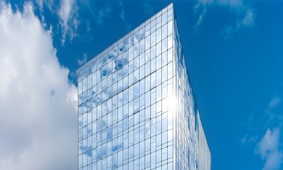 A reflective skyscraper seamlessly blending into a blue sky with moving clouds.