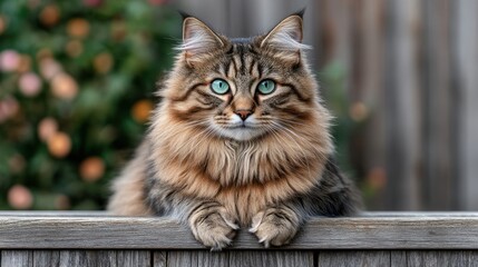 Fluffy cat on fence, Christmas lights blurred background