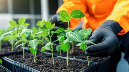Person in black glove planting soybean seedlings in a field with a farmer examining growth