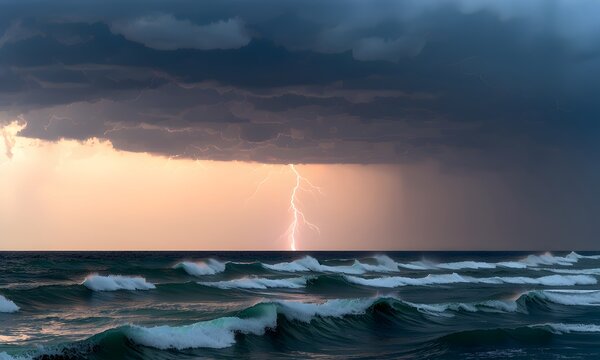 A thunderstorm over the ocean with a single lightning bolt illuminating massive rolling waves.