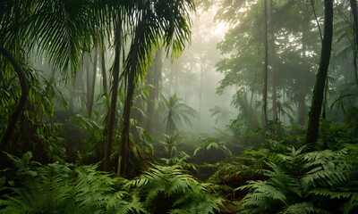 Fototapeta premium A tropical rainforest with layers of mist weaving through ancient trees and ferns.