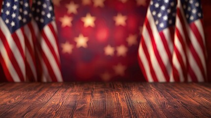 Obraz premium American Flags with Stars Background and Wooden Table Ready for Diplomatic Photography