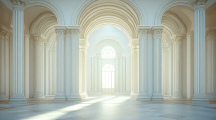 Fototapeta premium Arches with columns in wall, interior gates with white pillars in palace or castle, archway frames, portal entrance, antique doorway with sun light going from outside. Realistic 3d vector illustration