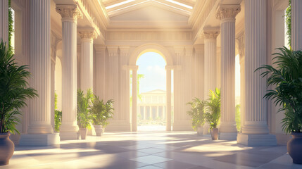 Fototapeta premium Arches with columns in wall, interior gates with white pillars in palace or castle, archway frames, portal entrance, antique doorway with sun light going from outside. Realistic 3d vector illustration