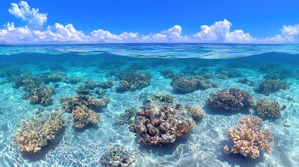 Fototapeta premium Vibrant Underwater Coral Reef Landscape with Clear Blue Water and Scenic Cloudy Sky Above