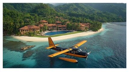Tropical island resort, seaplane landing, luxury villas, scenic backdrop