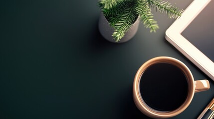 Elegant Coffee Cup with Tablet and Plant on Dark Surface Capturing a Cozy Workspace Aesthetic