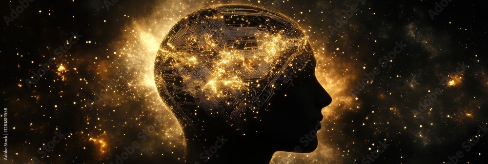 Poster Silhouette of a human head featuring glowing quantum circuits and elements of quantum computing. Generative AI