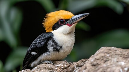 Fototapeta premium Yellow-crowned kingfisher bird perched on a stone in a lush tropical forest during daytime.