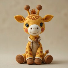 Fototapeta premium A plush giraffe made of felt sits wearing clothes