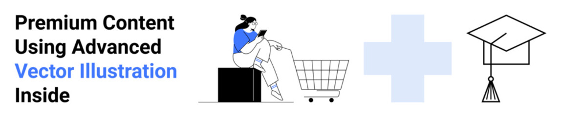 Woman sitting with a phone near a shopping cart, plus sign, and graduation cap. Ideal for e-learning, online shopping, digital tools, education platforms, technology services, e-commerce flat