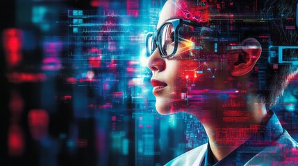 Obraz premium Person wearing glasses amidst digital overlay of data and light