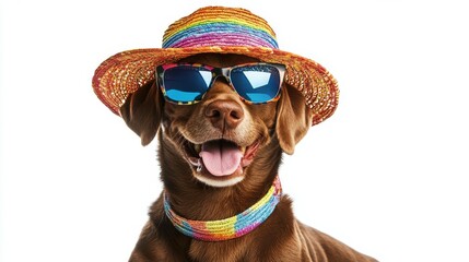 Happy dog in colorful hat and sunglasses on white background