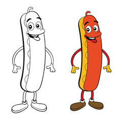A fun coloring page featuring a cartoon hotdog and bratwurst with cheerful faces, playful expressions, and bold outlines—perfect for kids and food lovers to color!