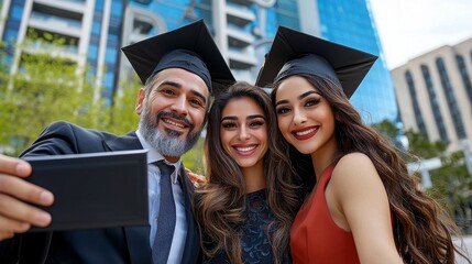 Fototapeta premium Three graduates celebrate with smiles and a selfie, wearing caps and gowns, against a backdrop of modern buildings.