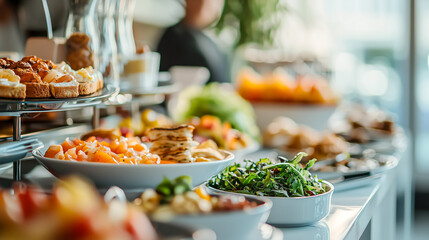 Obraz premium A buffet of fresh food options, including salads, appetizers, and fruits, is ready to be served to the guests.