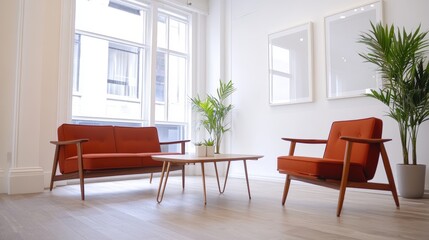 Fototapeta premium Modern Workspace Interior with Retro Furniture for Collaborative Employee Empowerment and Idea Sharing