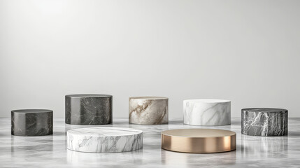 Marble pedestals with metal platform on top for display product, exhibit or trophy. Vector realistic set of empty steel podiums on stone base different shapes for showcase, museum or exposition