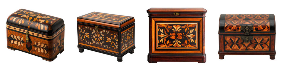 Collection of Ornate Handcrafted Wooden Boxes with Intricate Decorative Carvings in Vintage Retro and Traditional Styles Showcasing Exceptional Craftsmanship and Design