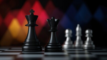 Strategic Chess Game with Black and Silver Pieces on a Checkerboard Background with Vibrant Colors