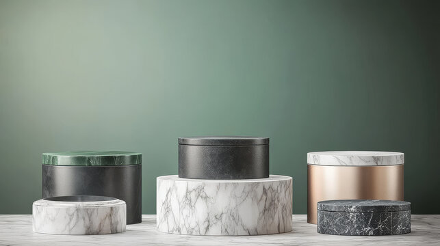 Marble pedestals with metal platform on top for display product, exhibit or trophy. Vector realistic set of empty steel podiums on stone base different shapes for showcase, museum or exposition