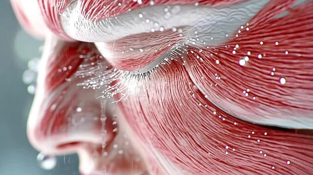 Detailed representation of human facial muscles highlighted with water droplets for educational purposes