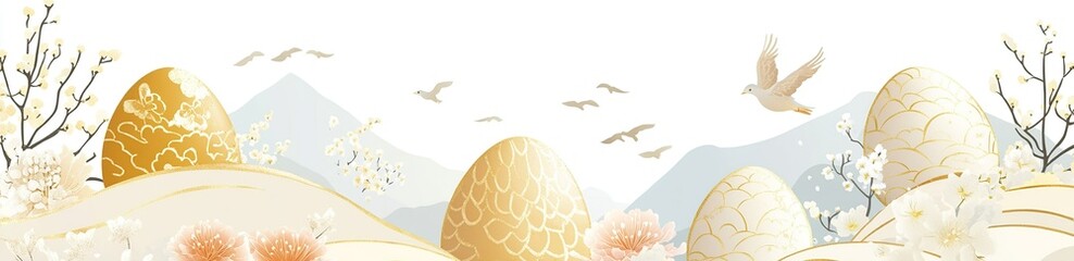 Fototapeta premium Easter vector illustration with textured colors and Chinoiserie motifs