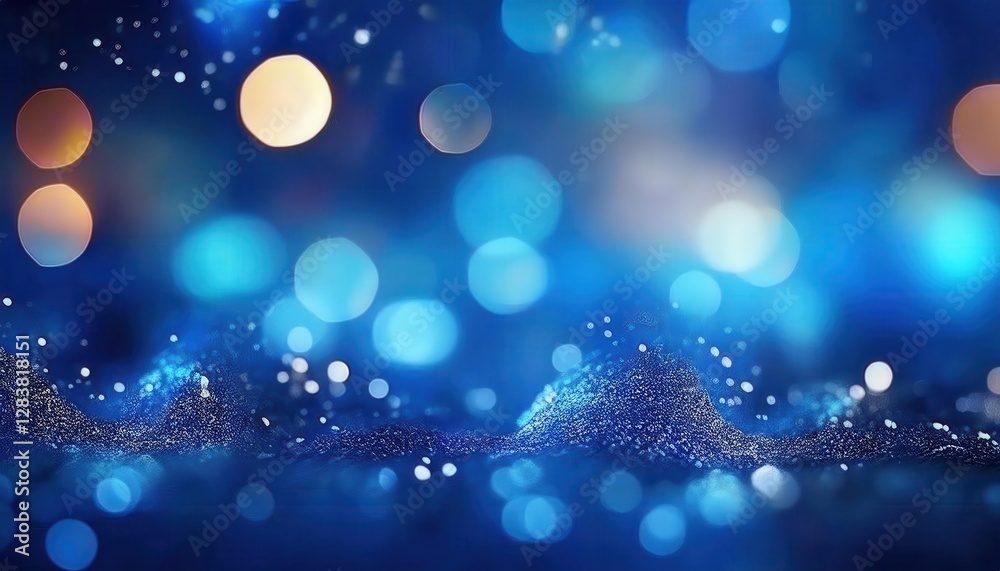 Poster abstract deep blue bokeh lights with shimmering particles on textured surface, fantasy glow for background and design

